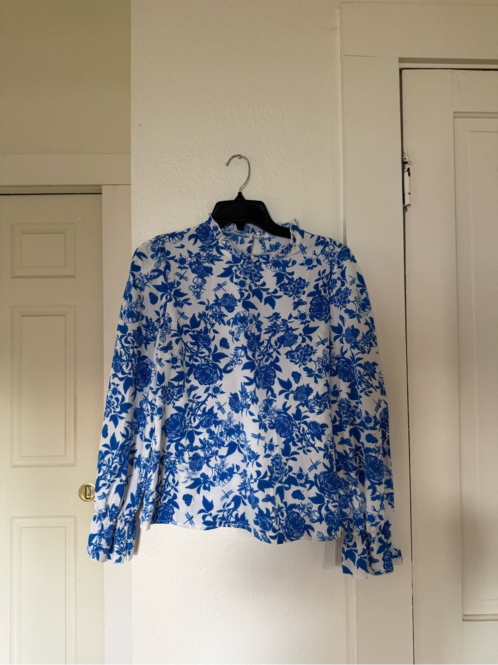 Blue Floral Long-Sleeve Mock Neck Top